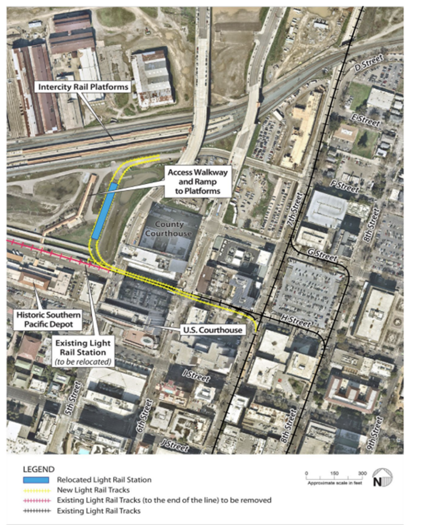 Map of downtown Sacramento showing the relocated light rail station, new light rail tracks and existing tracks. 